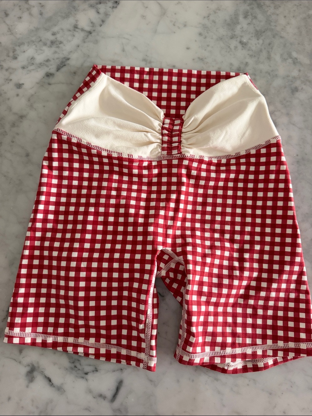 High-Waist Red Gingham Women’s Bike Shorts with Cream Waistband